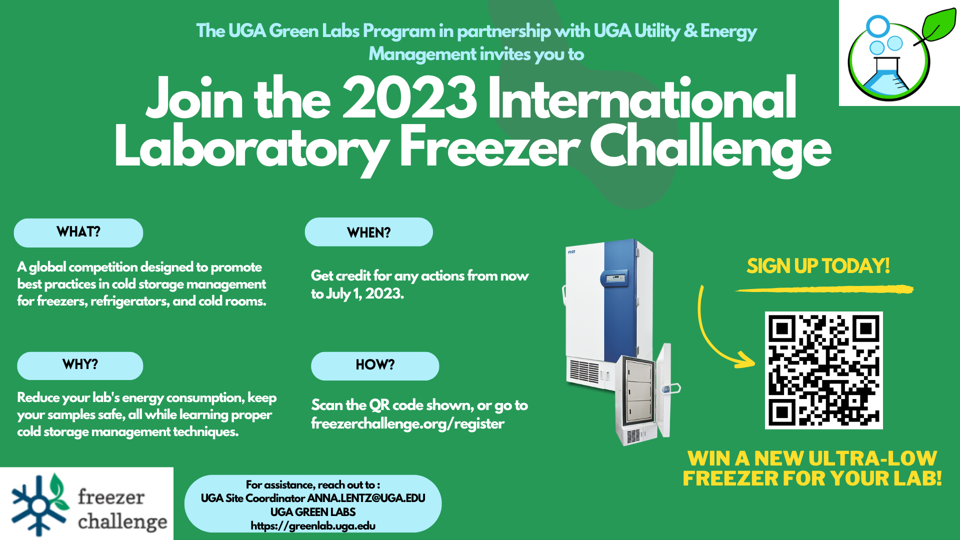 Graphic promoting the 2023 International Laboratory Freezer Challenge, highlighting benefits, registration details, and a QR code for sign-up.
