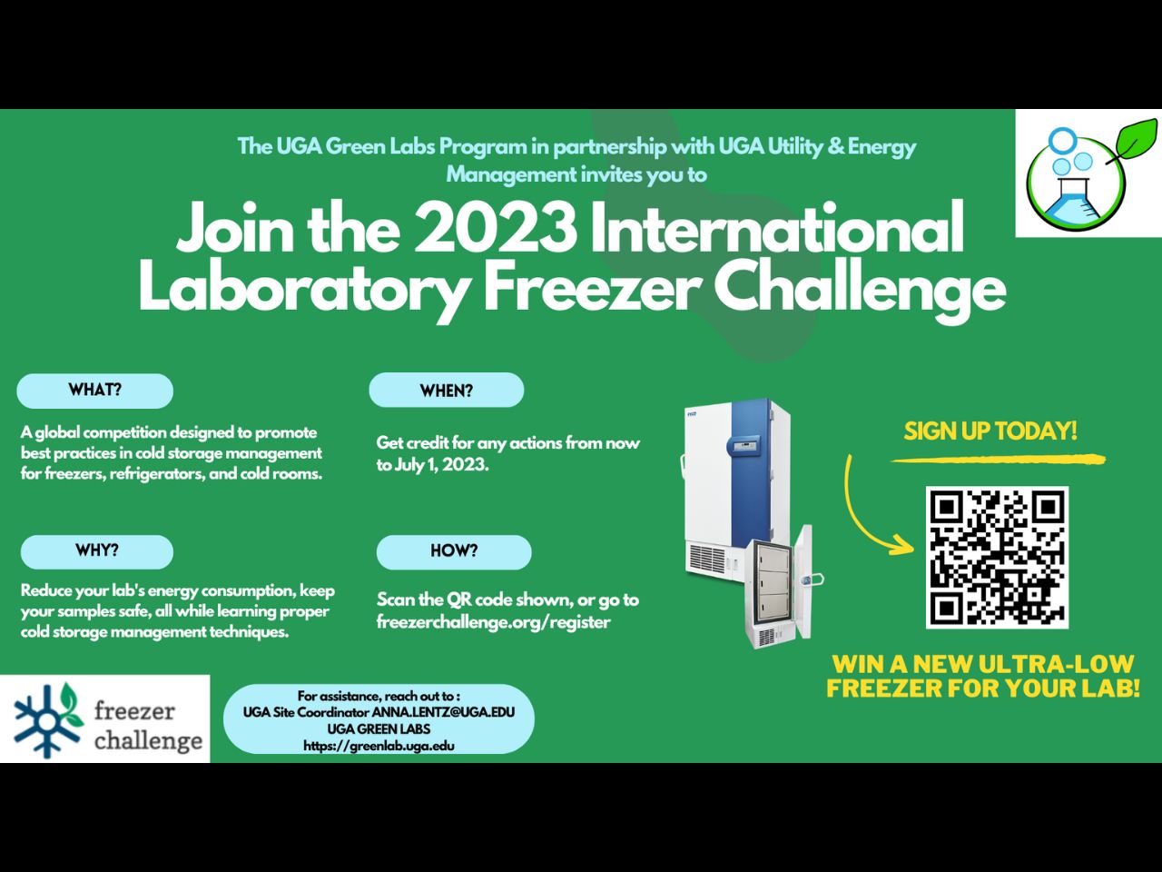 Graphic promoting the 2023 International Laboratory Freezer Challenge, highlighting benefits, registration details, and a QR code for sign-up.