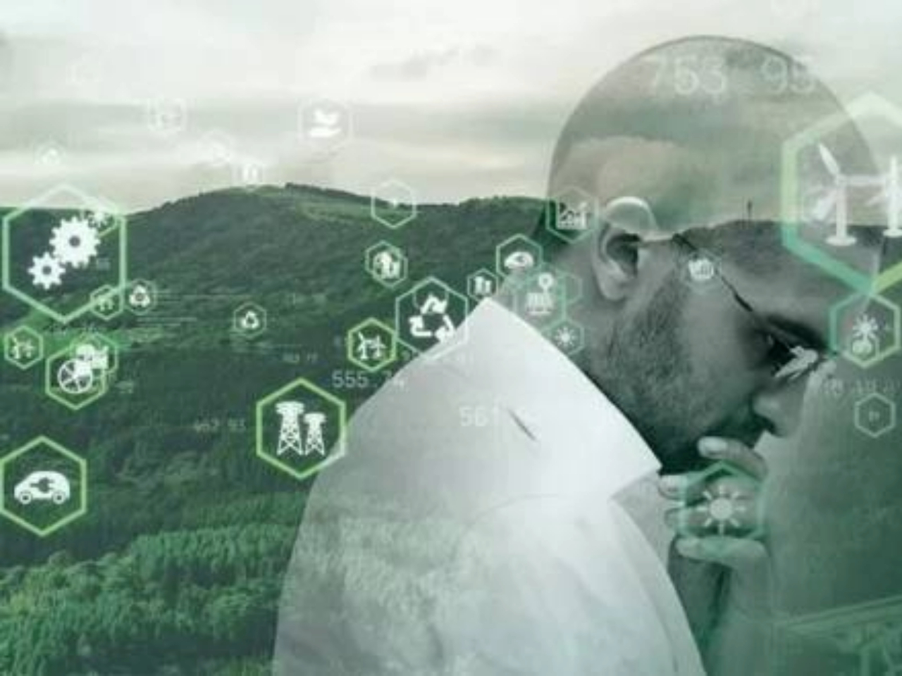 Man pondering with symbols floating around